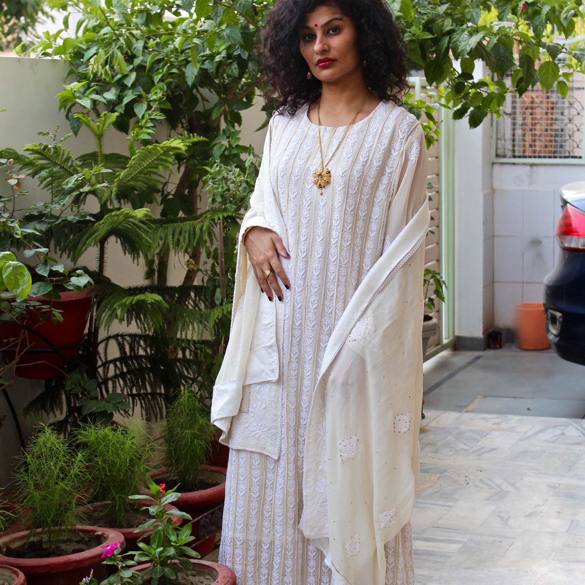 Georgette Chikankari Beige Kurta