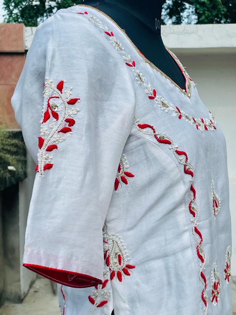 Red on white Chikankari Blouse/Kurti