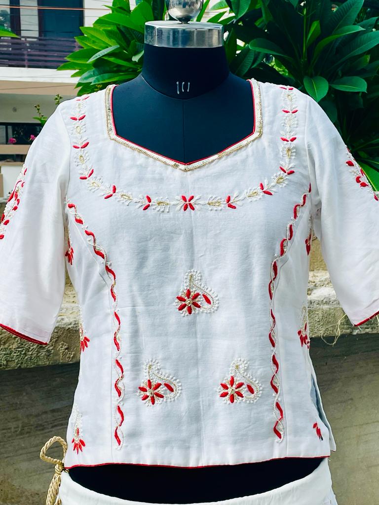 Red on white Chikankari Blouse/Kurti