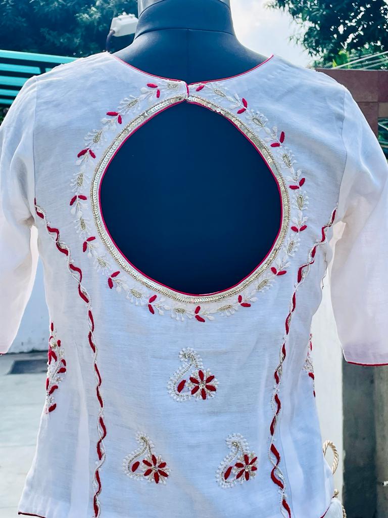 Red on white Chikankari Blouse/Kurti