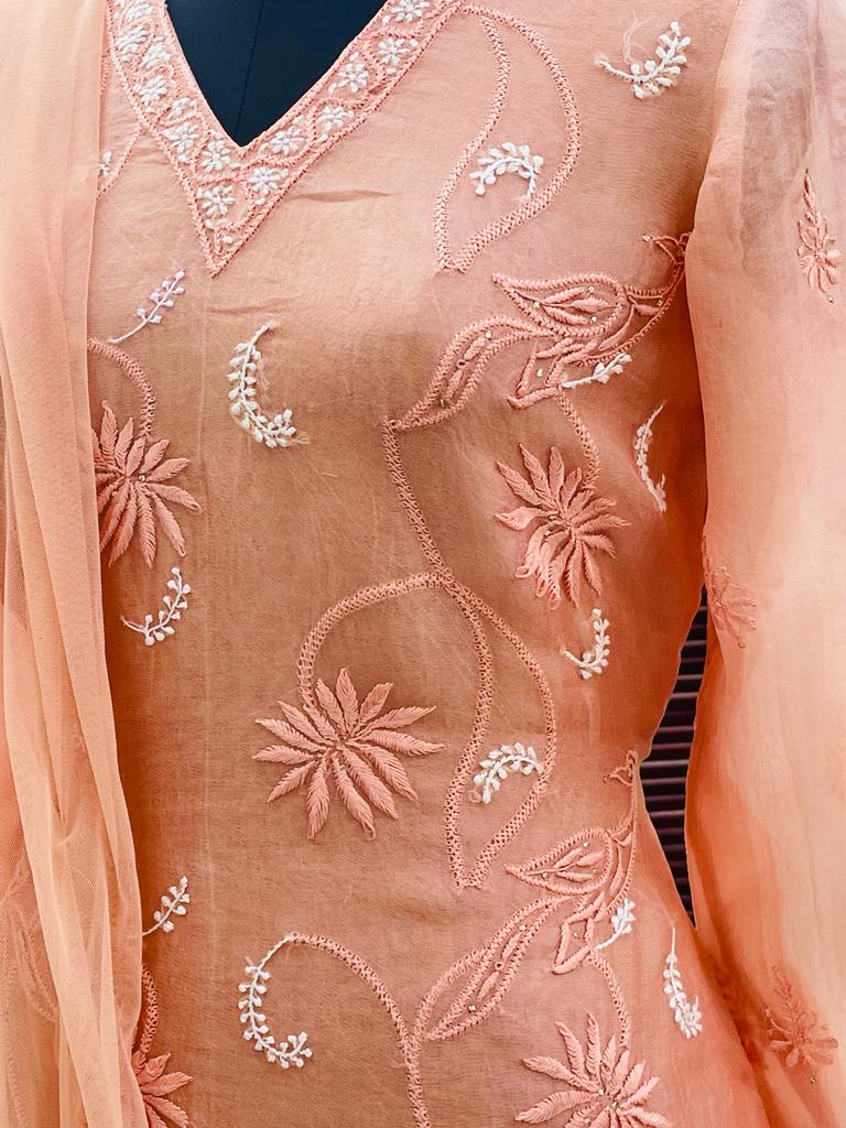 Peach Organza Peacock Chikankari Kurta