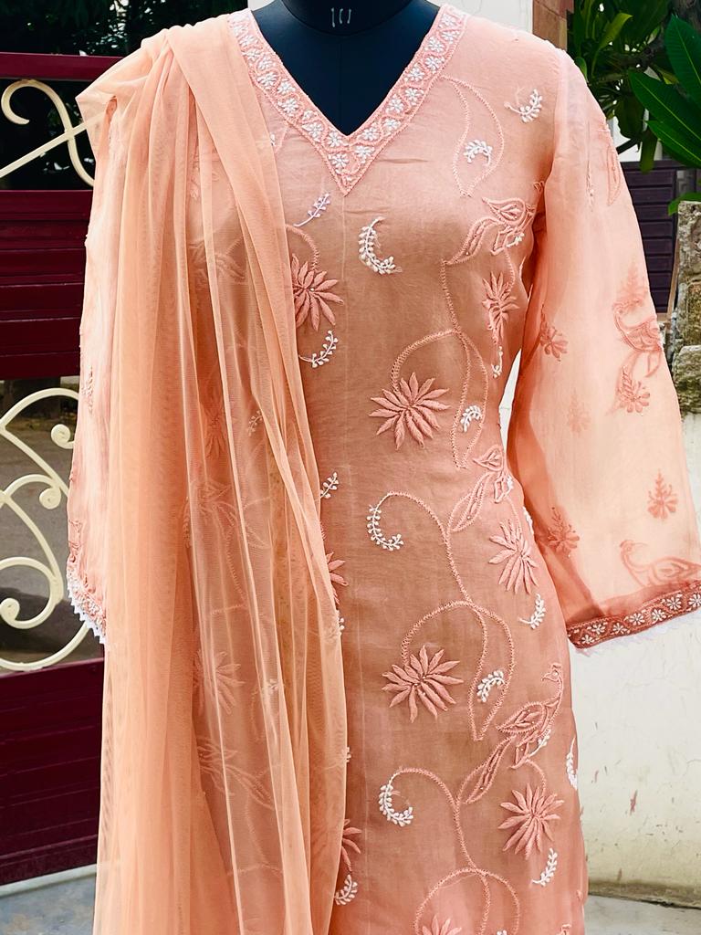 Peach Organza Peacock Chikankari Kurta