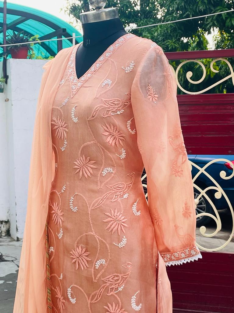 Peach Organza Peacock Chikankari Kurta