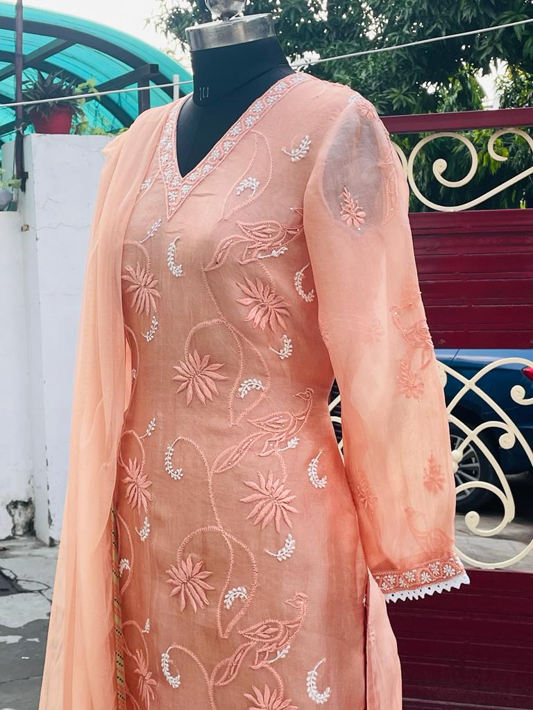 Peach Organza Peacock Chikankari Kurta