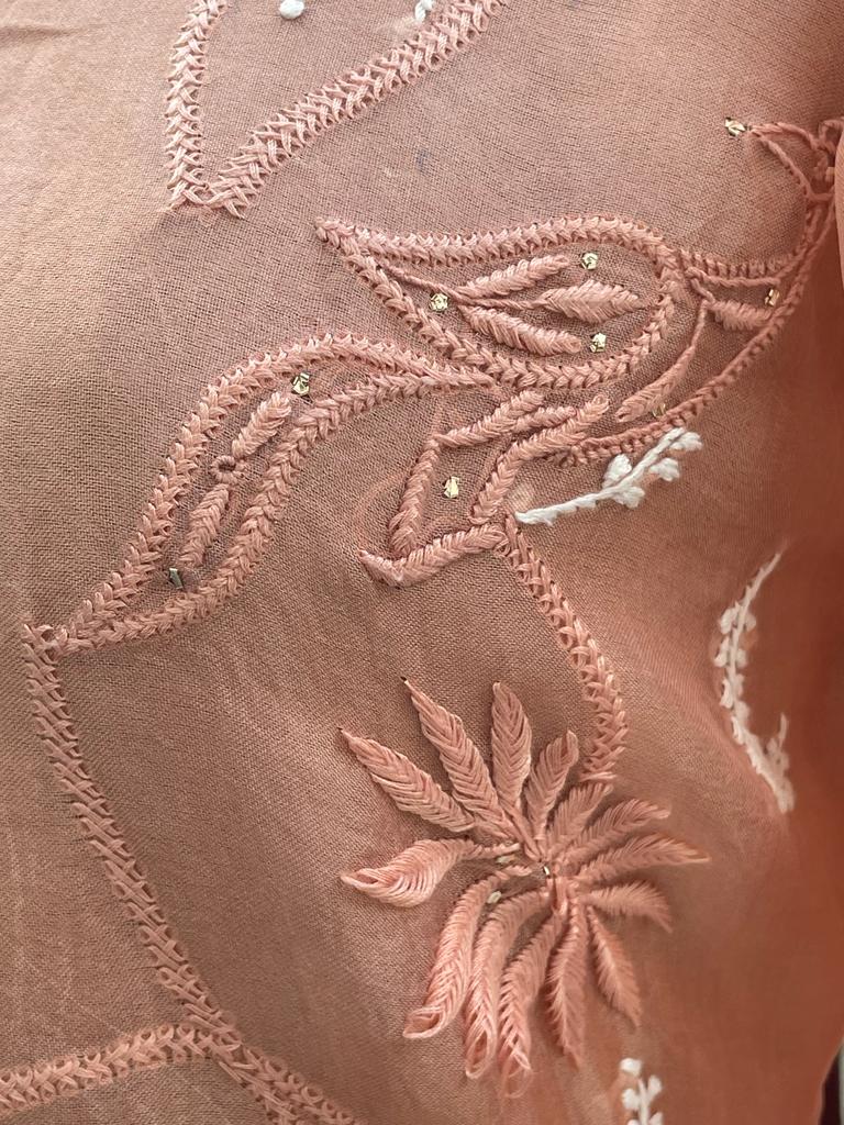 Peach Organza Peacock Chikankari Kurta