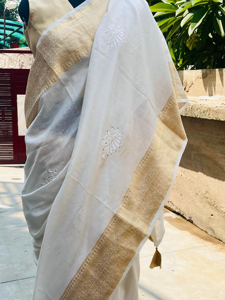 Chanderi Banarasi Sari with Chikankari