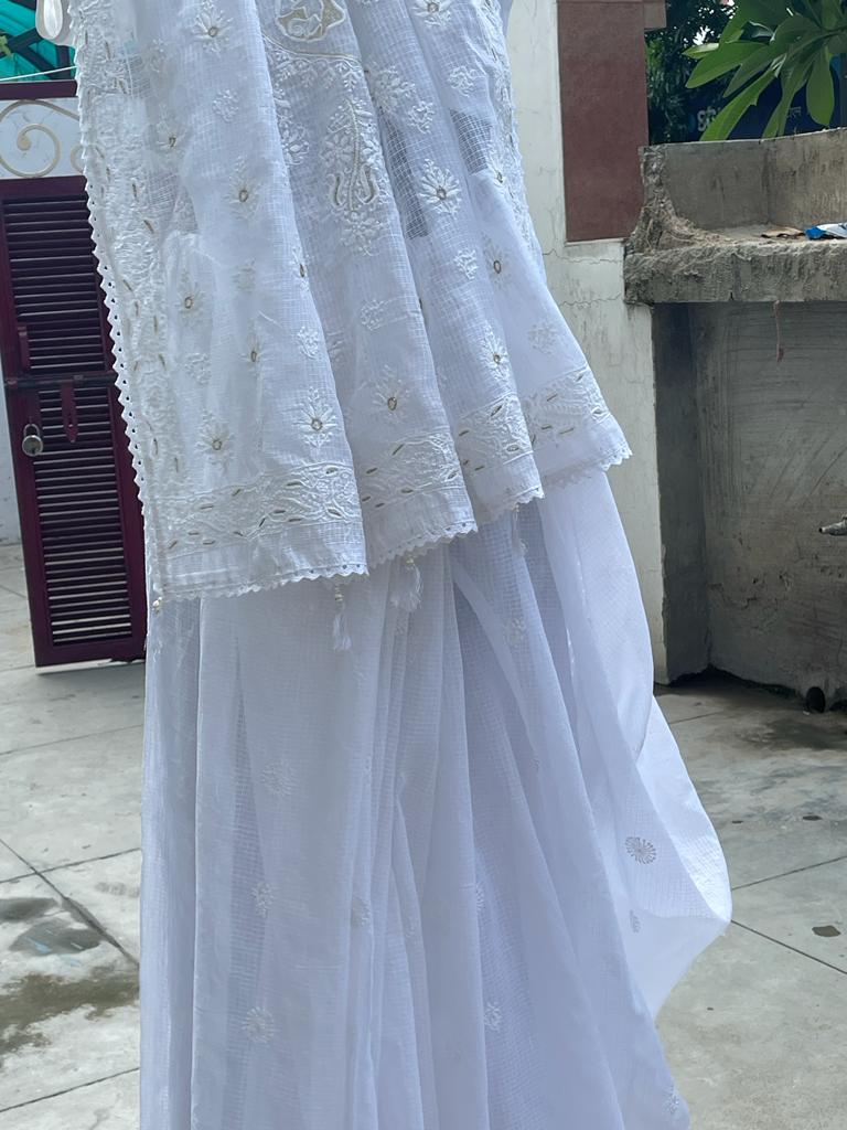 Pure White Kota Chikankari Sari