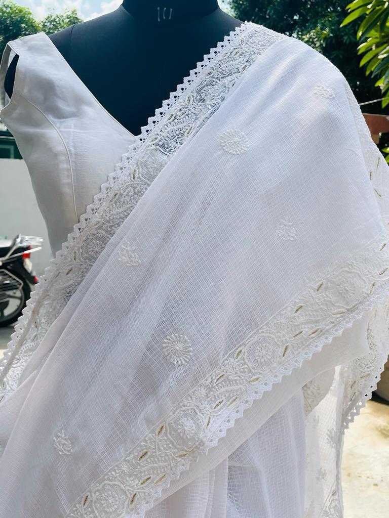 Pure White Kota Chikankari Sari