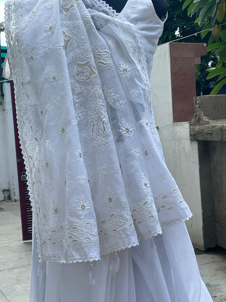 Pure White Kota Chikankari Sari