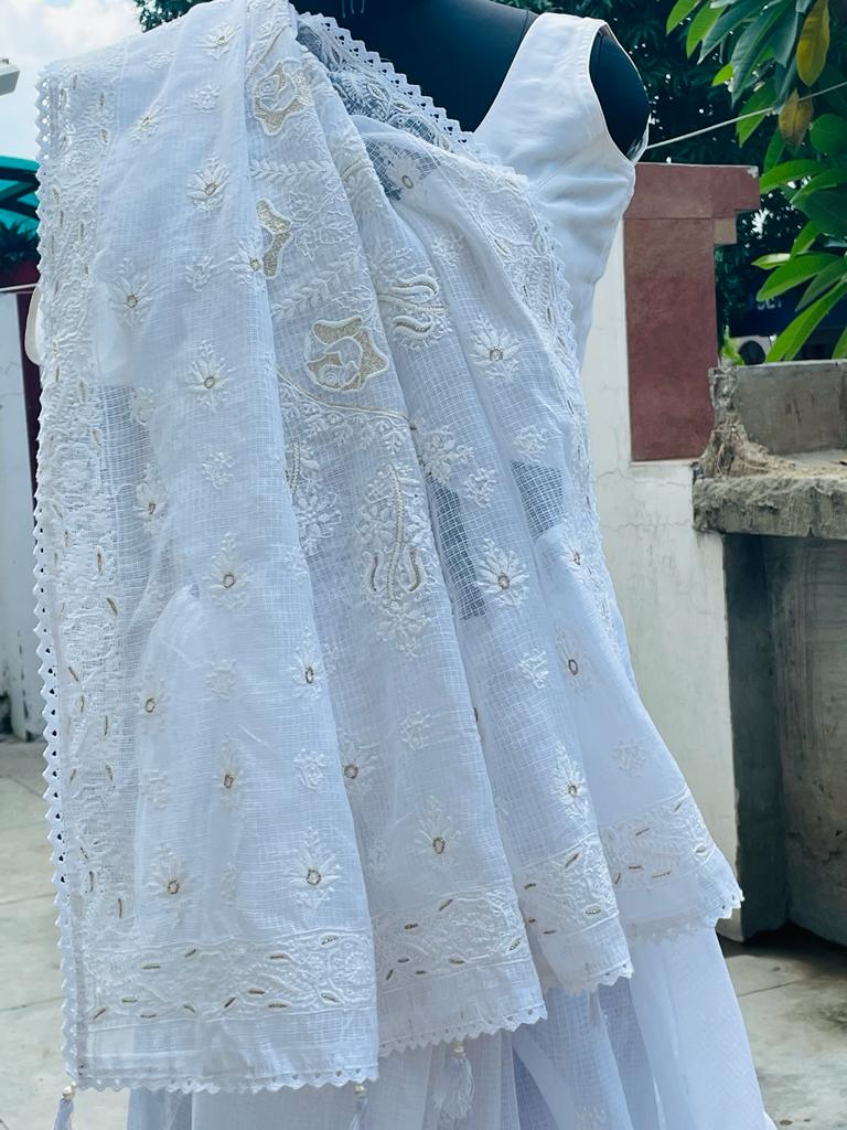 Pure White Kota Chikankari Sari