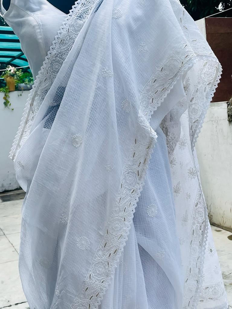 Pure White Kota Chikankari Sari