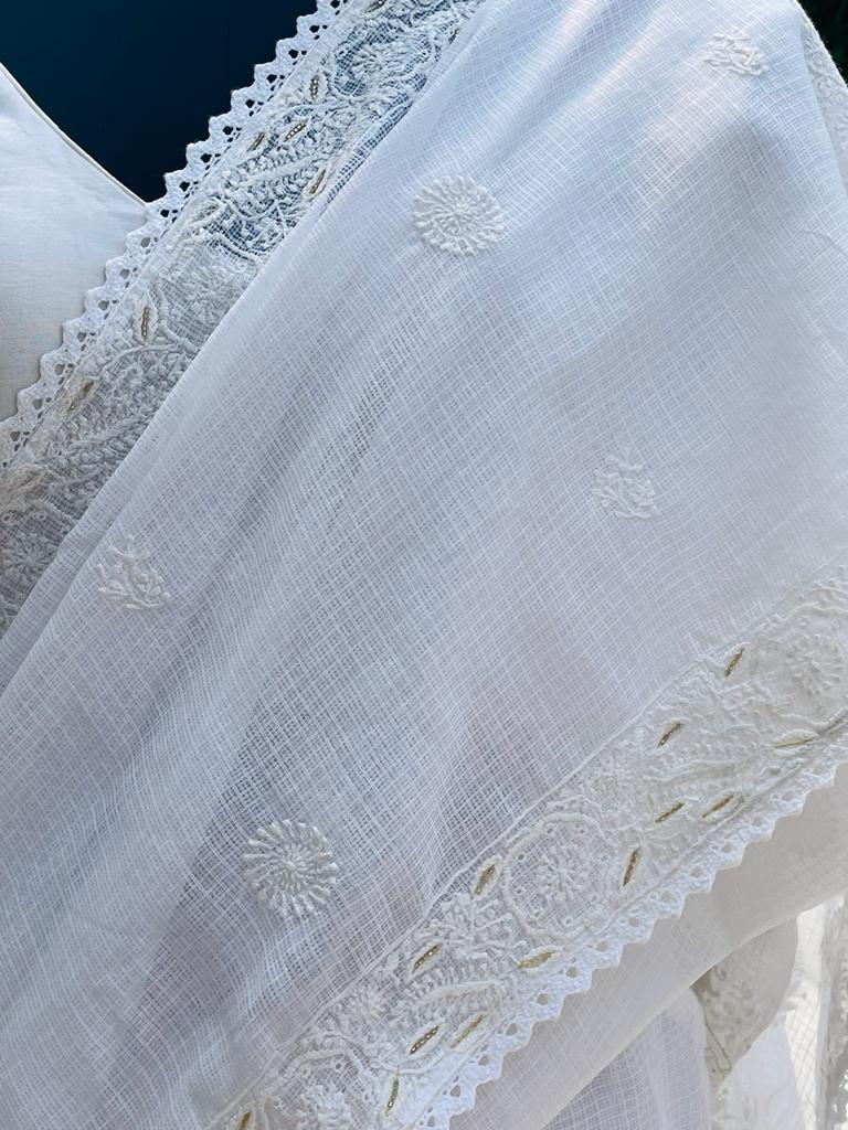 Pure White Kota Chikankari Sari