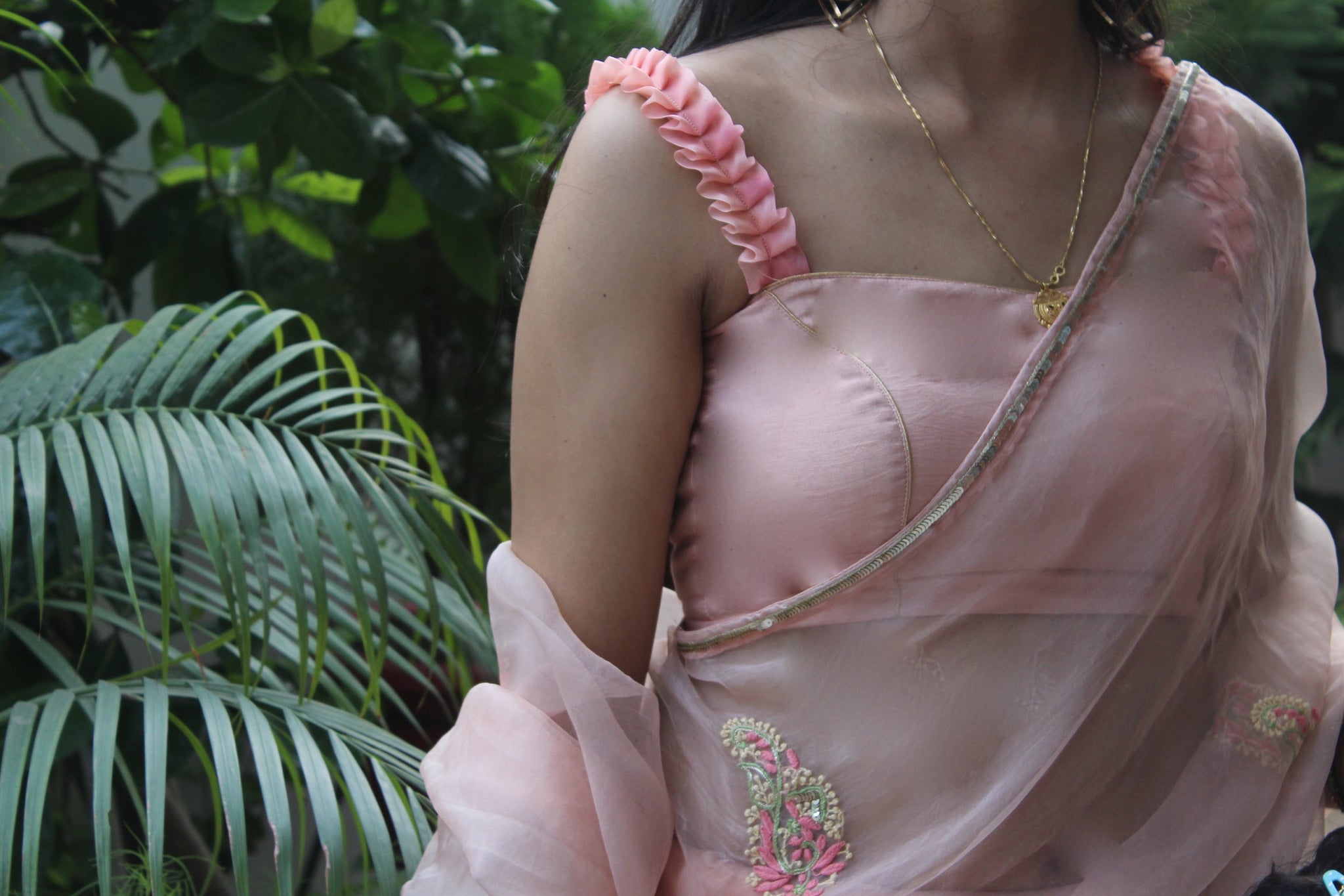 Rose Organza Chikankari Sari