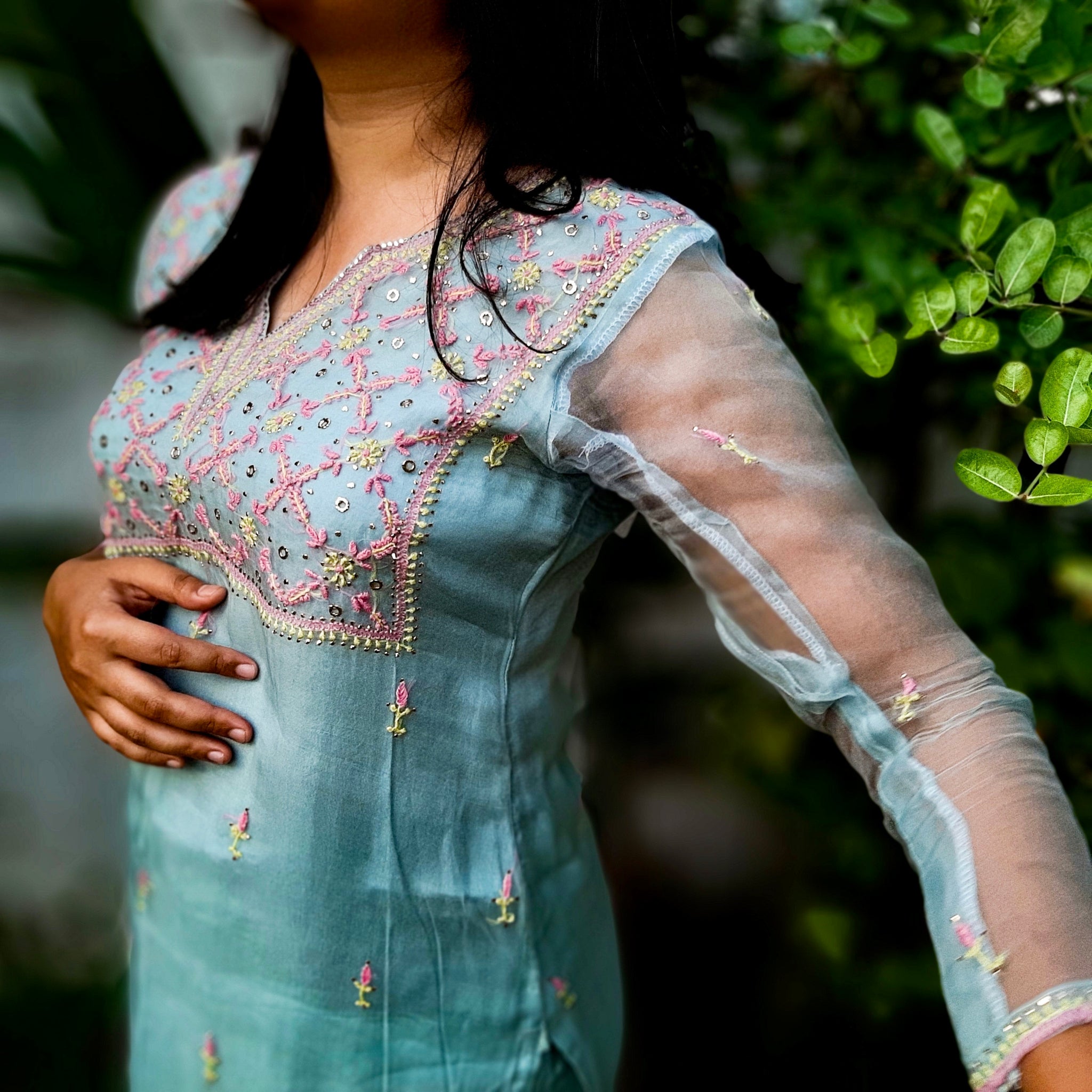 Powder Blue Pink Hues Organza Kurta Set