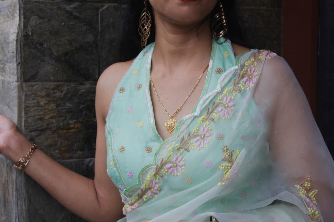 Minty Blush Chikankari Organza Sari