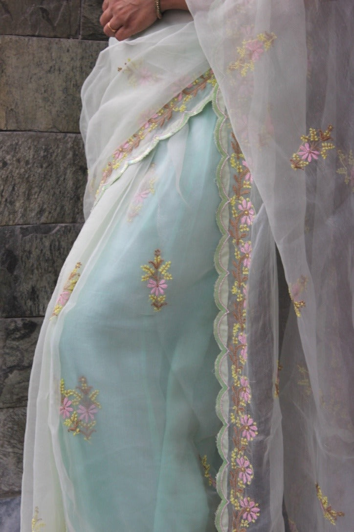 Minty Blush Chikankari Organza Sari