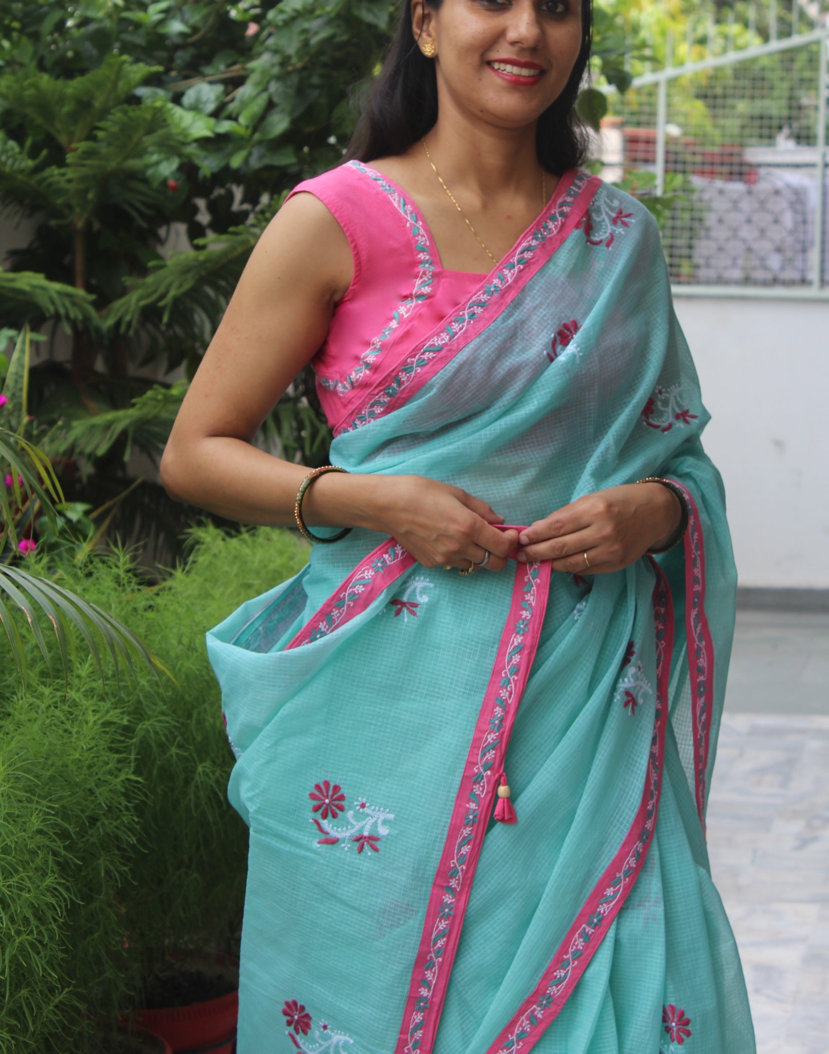 Turquoise Chikankari Kota sari