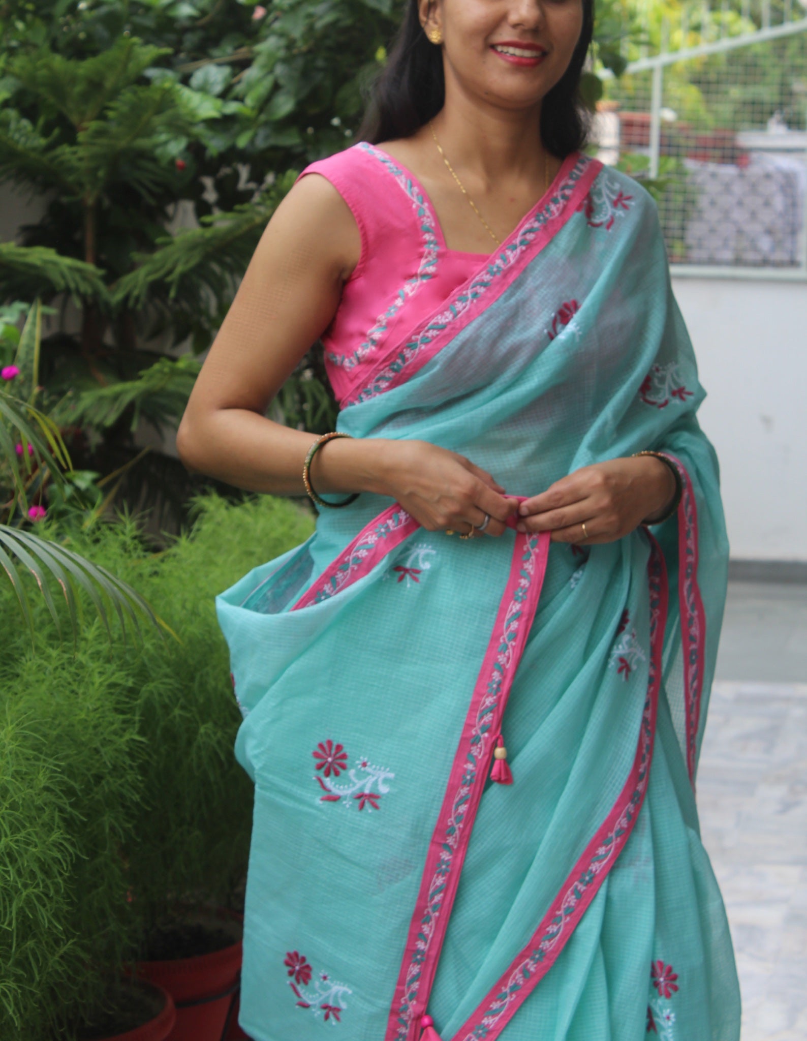 Turquoise Chikankari Kota sari