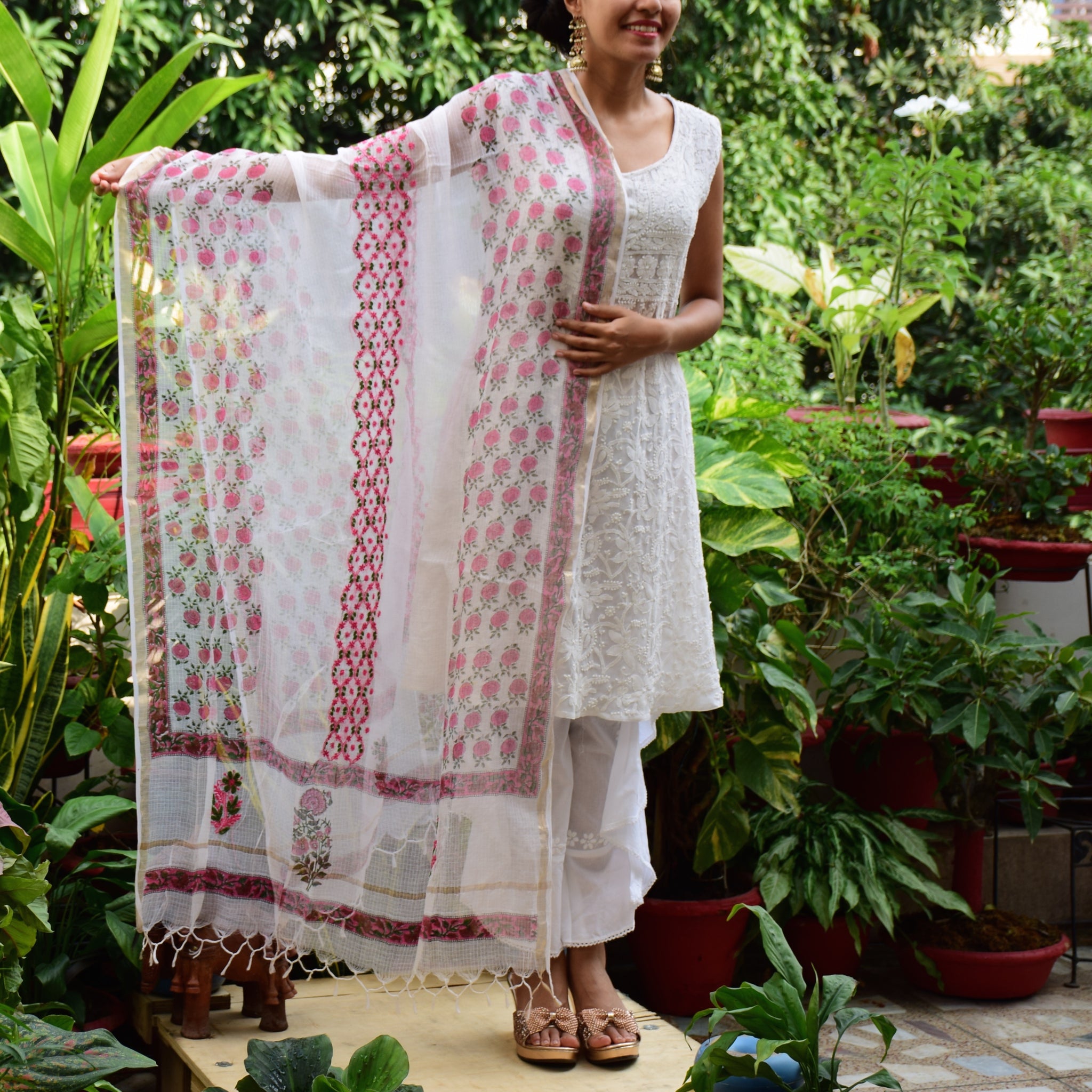 Blush Block Print Chikankari Dupatta