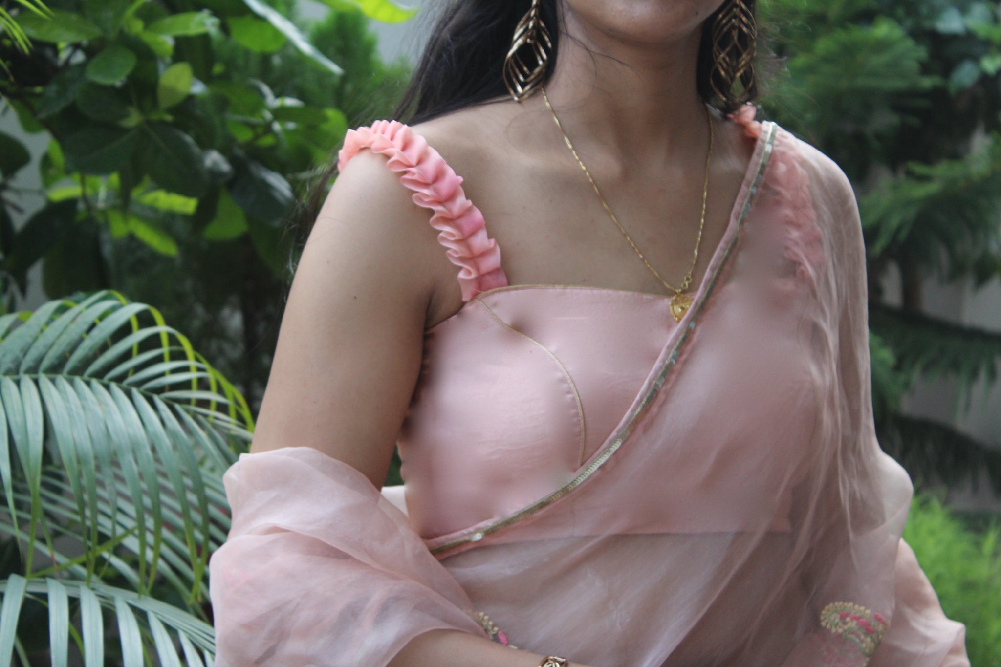 Rose Organza Chikankari Sari
