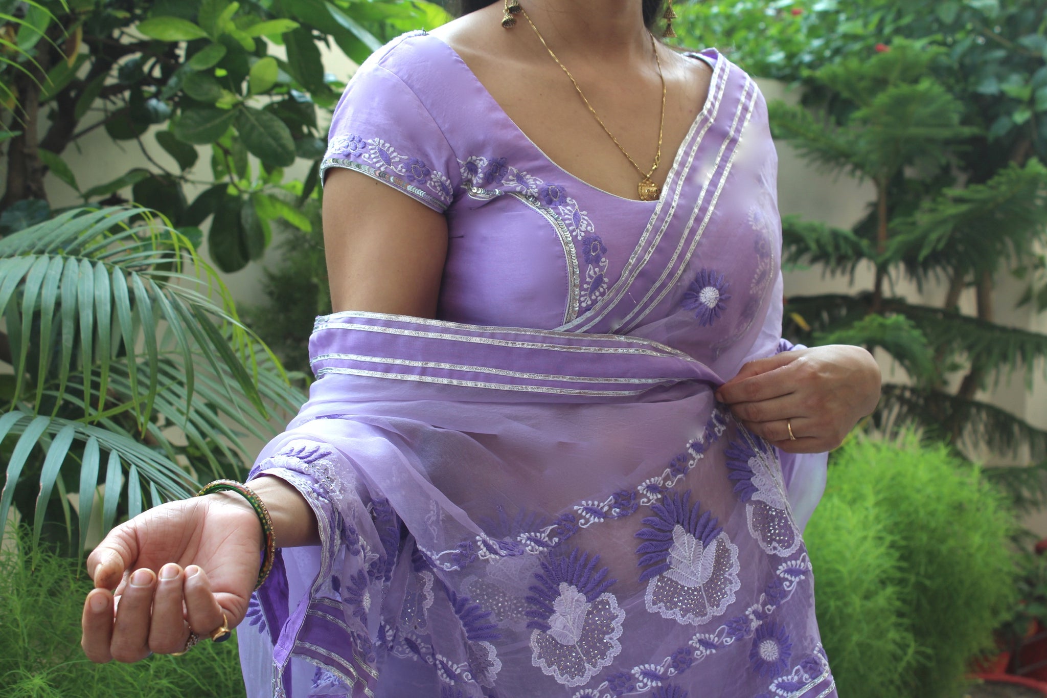 Lavendar Organza Chikankari sari