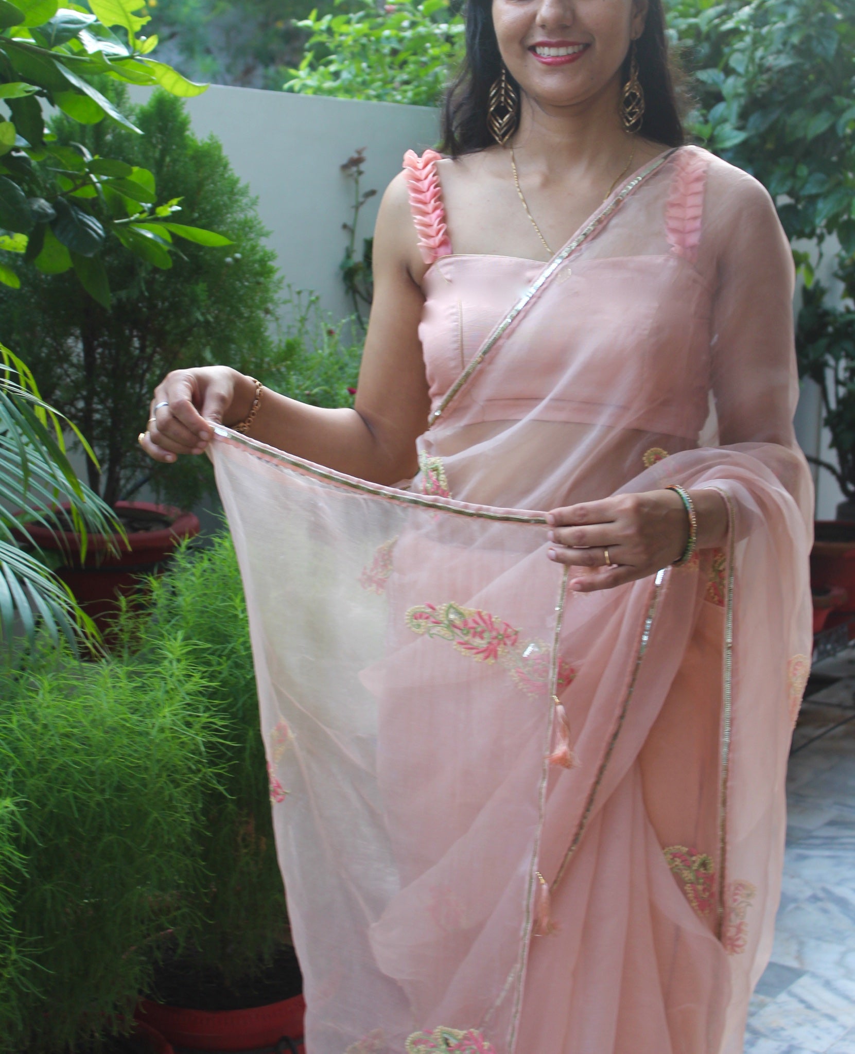 Rose Organza Chikankari Sari