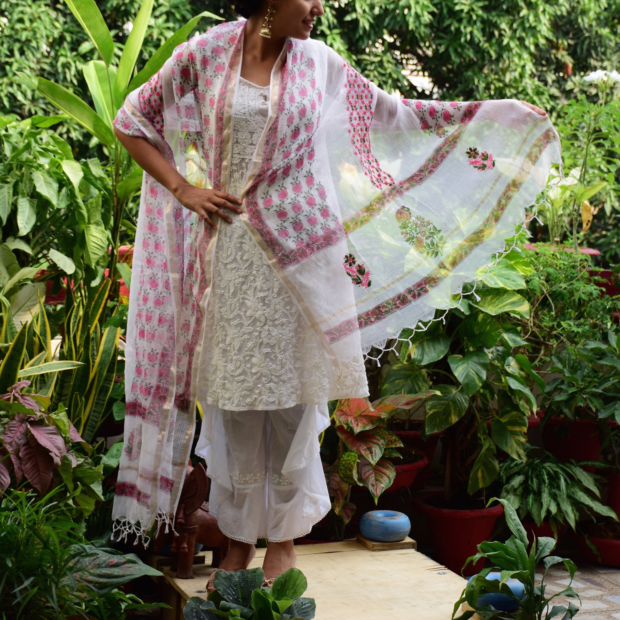 Blush Block Print Chikankari Dupatta