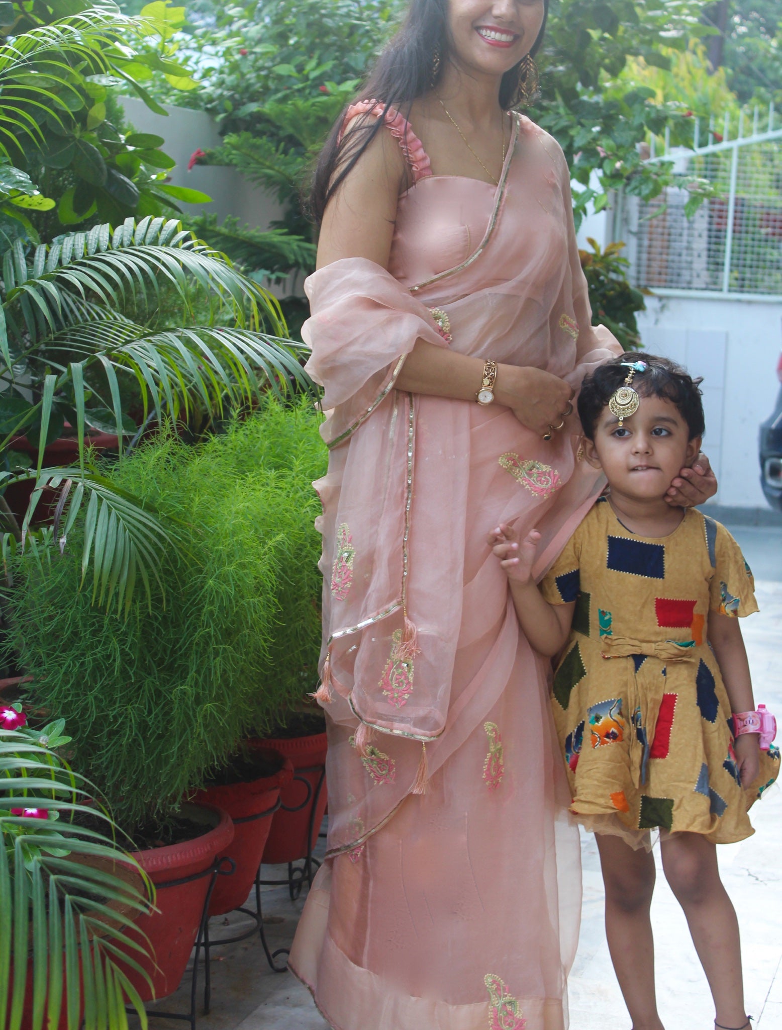 Rose Organza Chikankari Sari