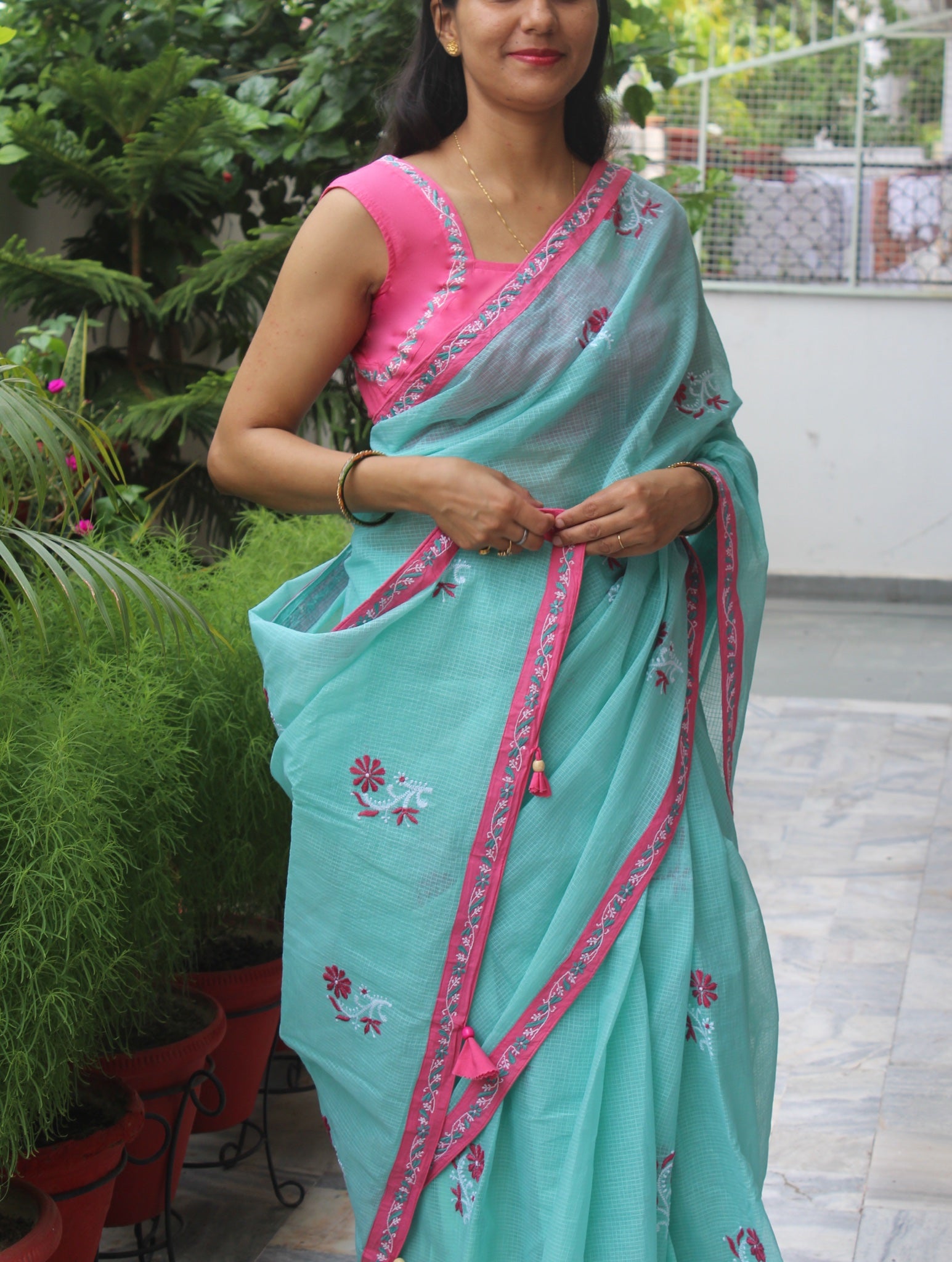 Turquoise Chikankari Kota sari