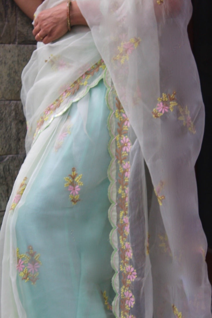 Minty Blush Chikankari Organza Sari