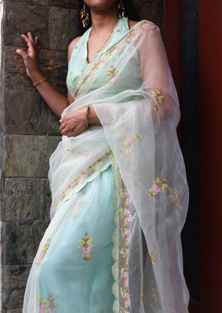 Minty Blush Chikankari Organza Sari