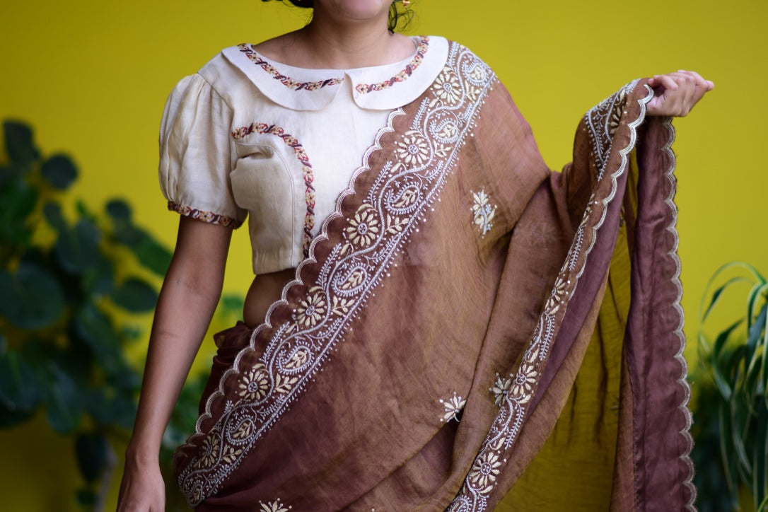 Chocolate-Coffee Chikankari Chanderi Tissue