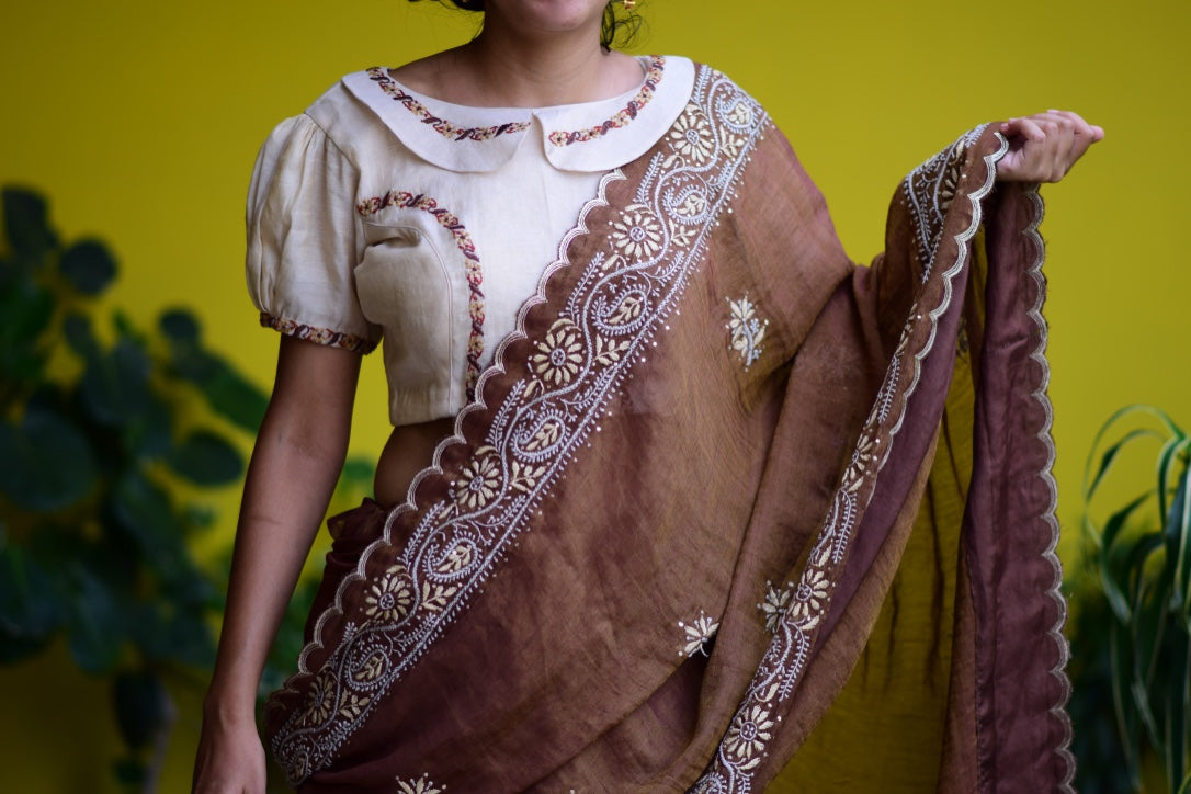 Chocolate-Coffee Chikankari Chanderi Tissue