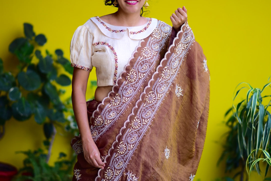 Chocolate-Coffee Chikankari Chanderi Tissue