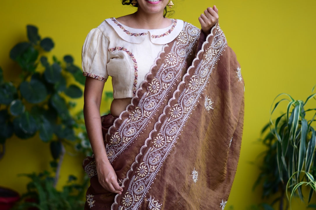 Chocolate-Coffee Chikankari Chanderi Tissue