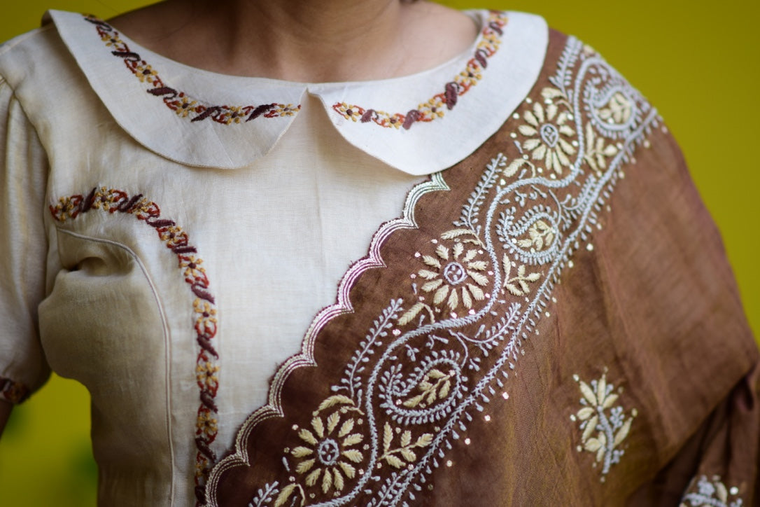Chocolate-Coffee Chikankari Chanderi Tissue