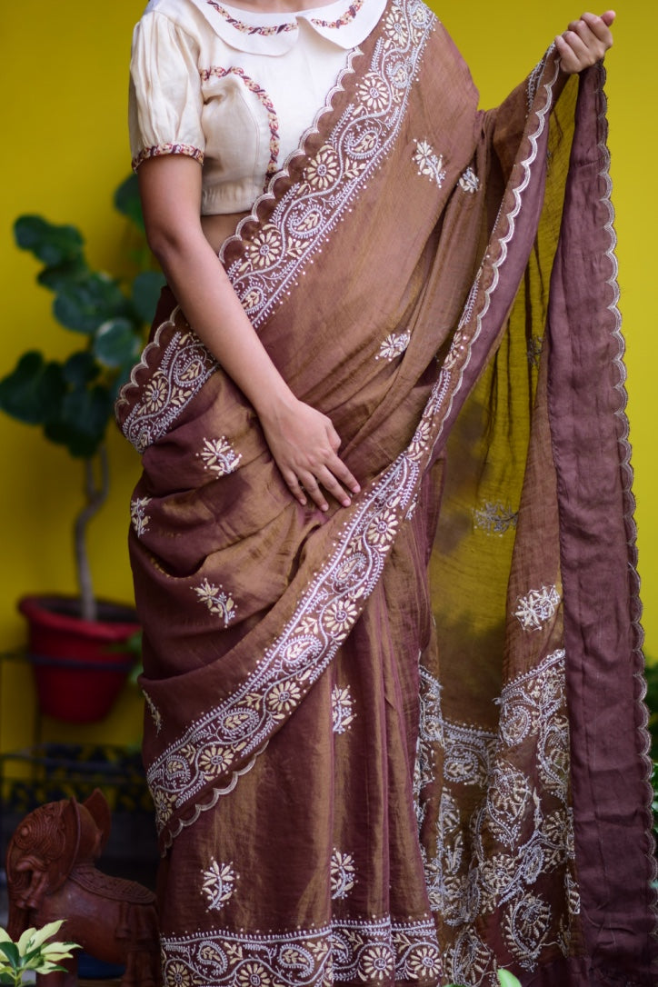 Chocolate-Coffee Chikankari Chanderi Tissue