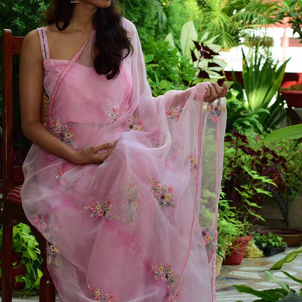 Organza Tie-n-Die Hand Embroidered Sari