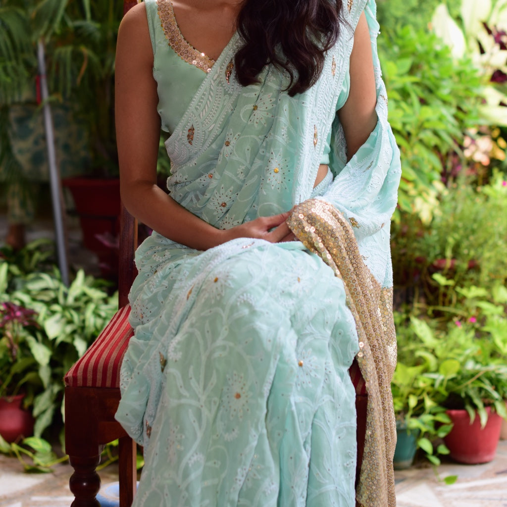 Georgette Full Chikankari Jaal Sari