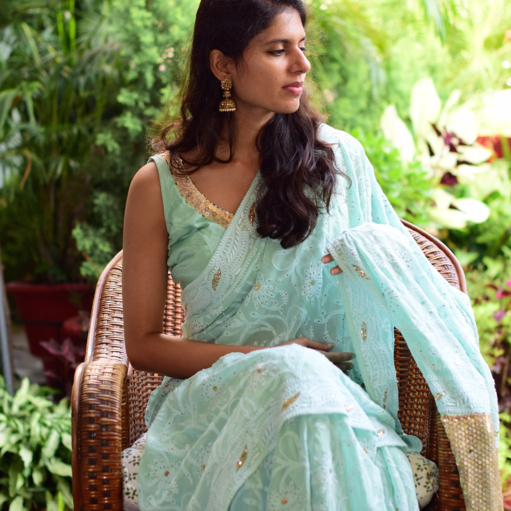 Georgette Full Chikankari Jaal Sari