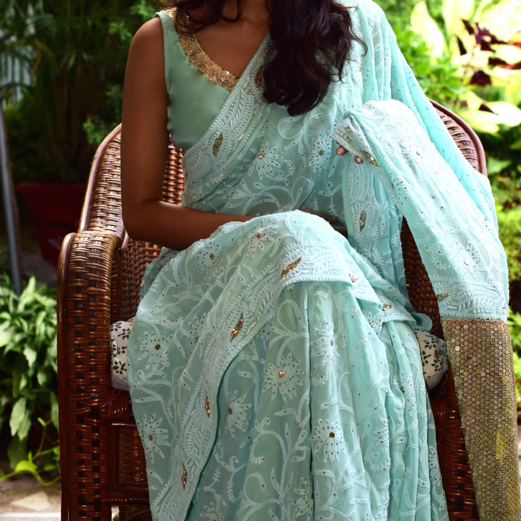 Georgette Full Chikankari Jaal Sari