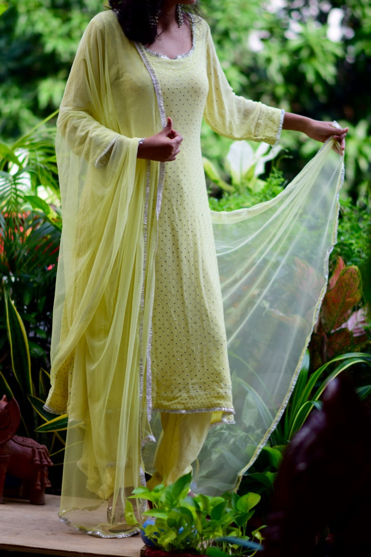 Lemon Yellow Georgette Kamdani Kurta