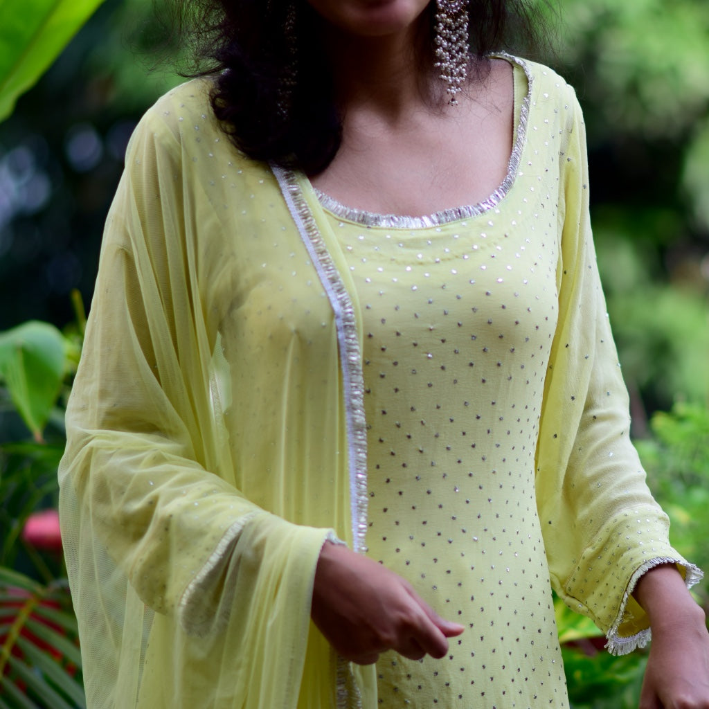 Lemon Yellow Georgette Kamdani Kurta