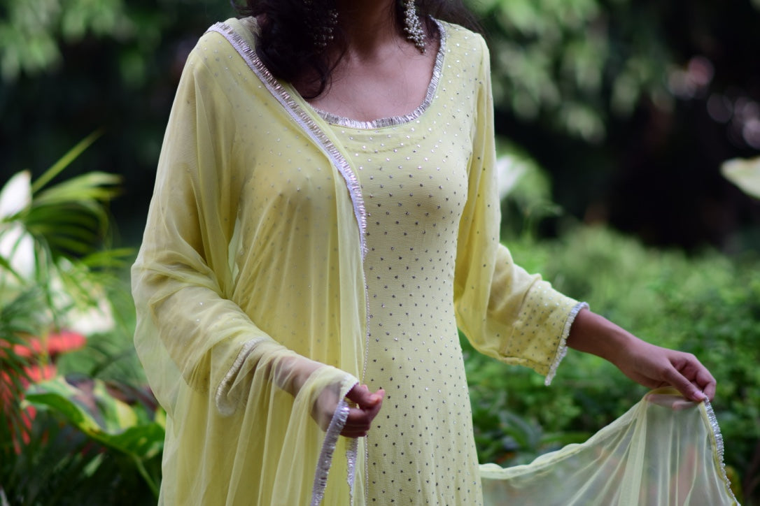 Lemon Yellow Georgette Kamdani Kurta