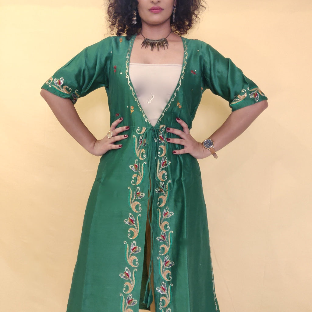 Ruby Green Silk Chikankari Coat