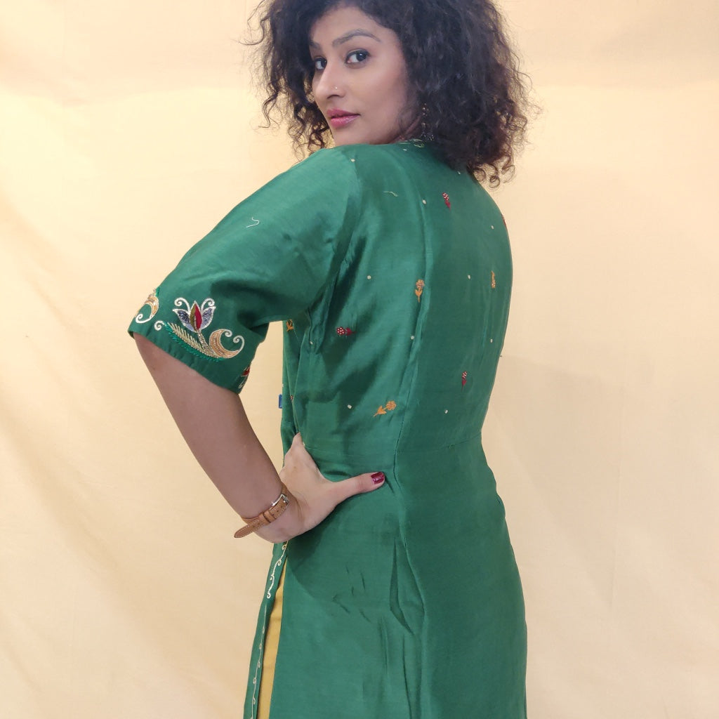 Ruby Green Silk Chikankari Coat