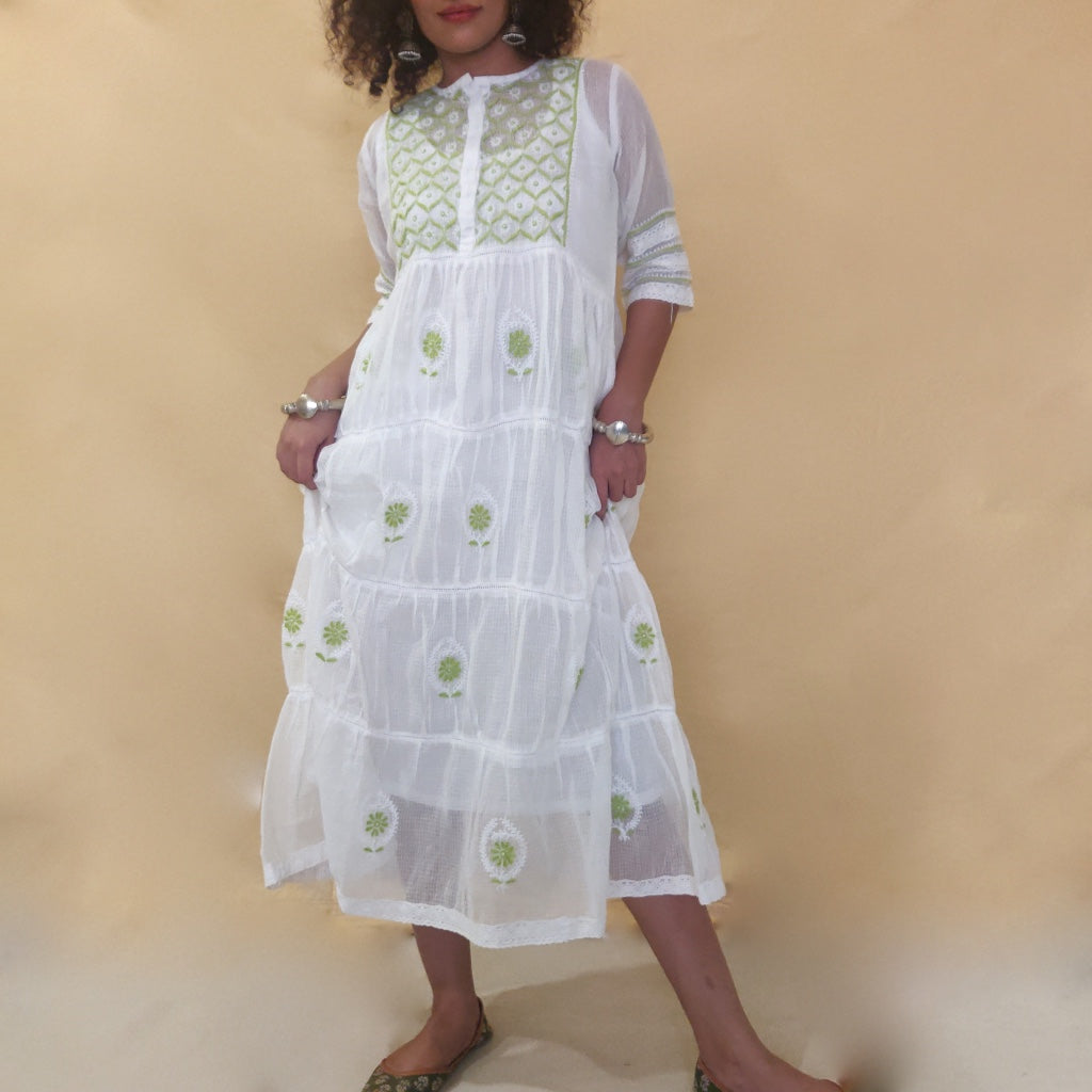 Lime Green Cotton Kota Doriya midi dress