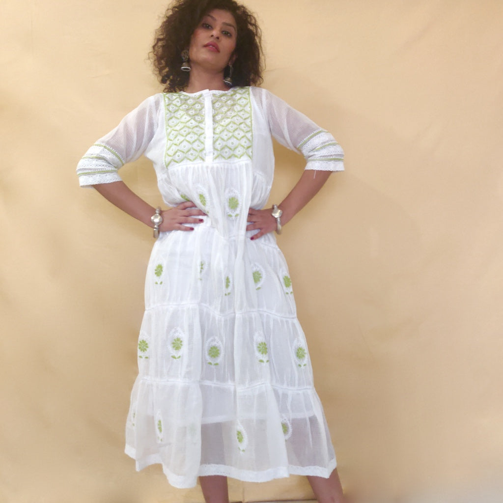 Lime Green Cotton Kota Doriya midi dress