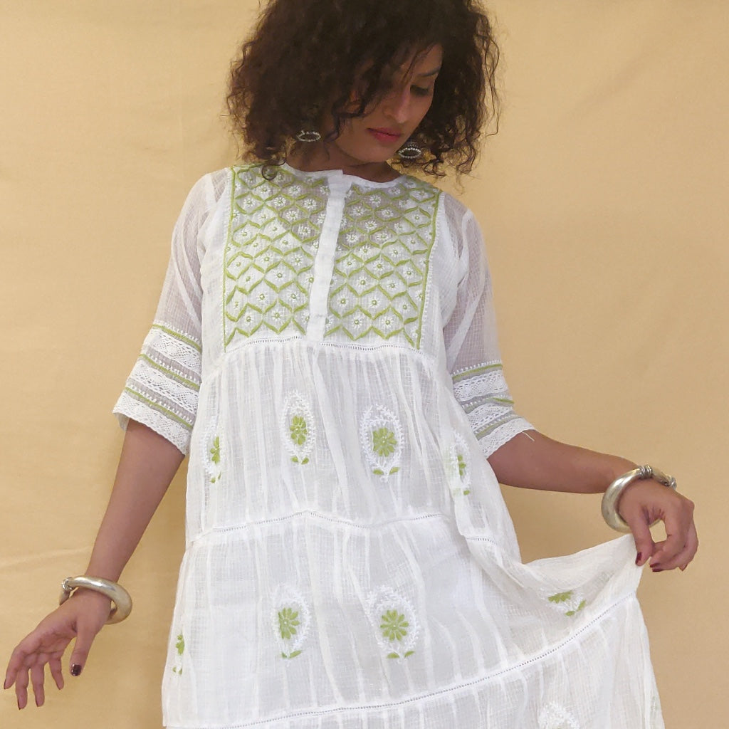 Lime Green Cotton Kota Doriya midi dress