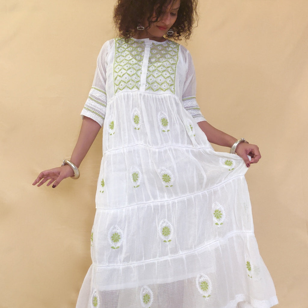 Lime Green Cotton Kota Doriya midi dress